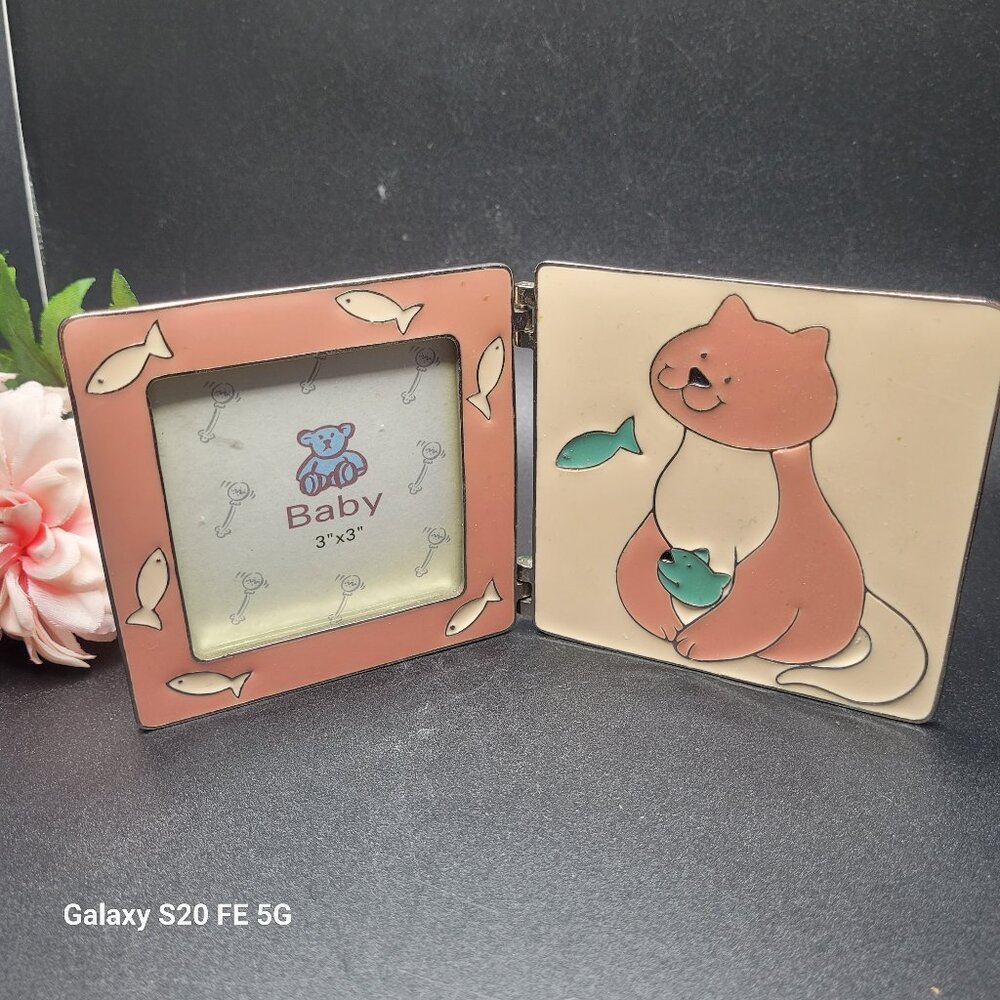 Cat with Fish Baby Photo Frame Enamel Peach Hinged Baby